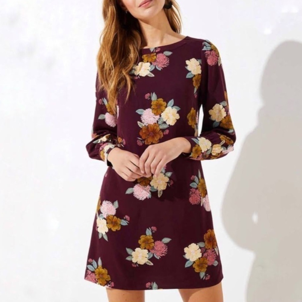 Loft Burgundy Floral Cuffed Shift Dress Size 6